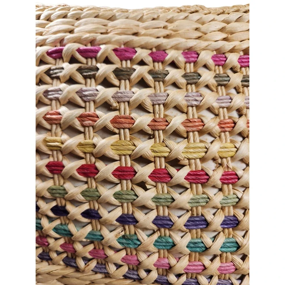 Vintage Rainbow Straw Raffia Woven Hobo Shoulder Bag Boho Coastal Cottage Y2K